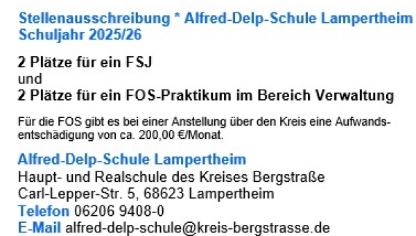 Stellenausschreibung * Alfred-Delp-Schule Lampertheim * Schuljahr 2025/26